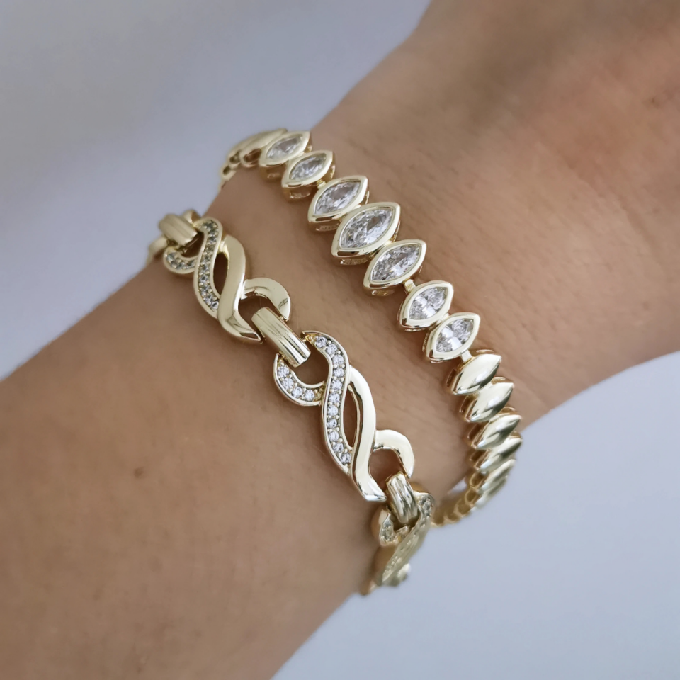 14K Gold Renkli Zirkon Taşlı Örgü Bileklik