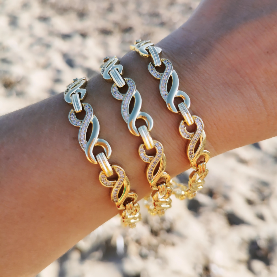 14K Gold Renkli Zirkon Taşlı Örgü Bileklik