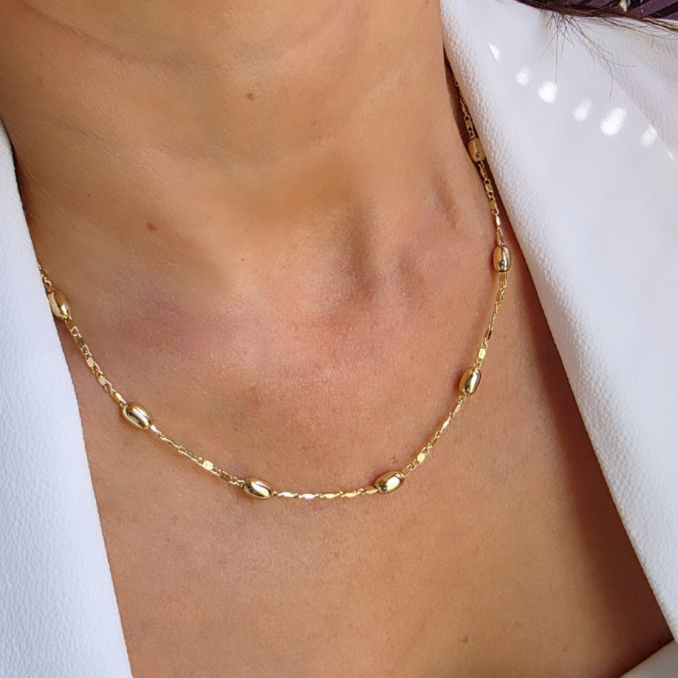 14 Ayar Altın Rengi Elip Topçuk Kolye 45 cm