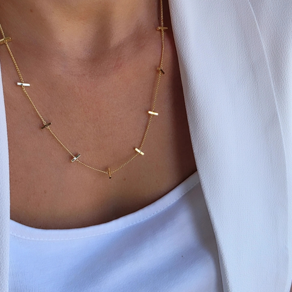 14 Ayar Altın Renkli Çubuk Detay Kolye 45 cm