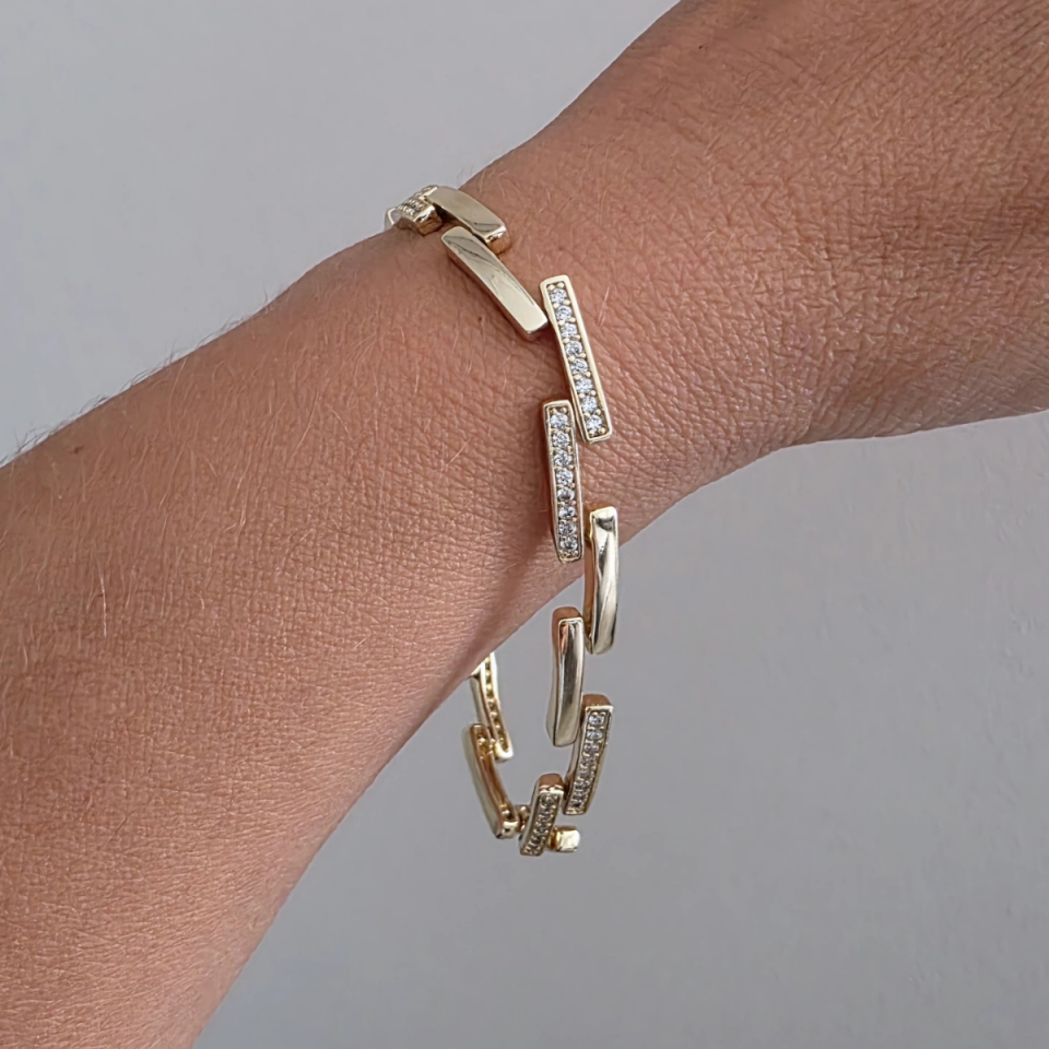 14 Ayar Altın Renkli Zirkon Taşlı Zigzag Bileklik