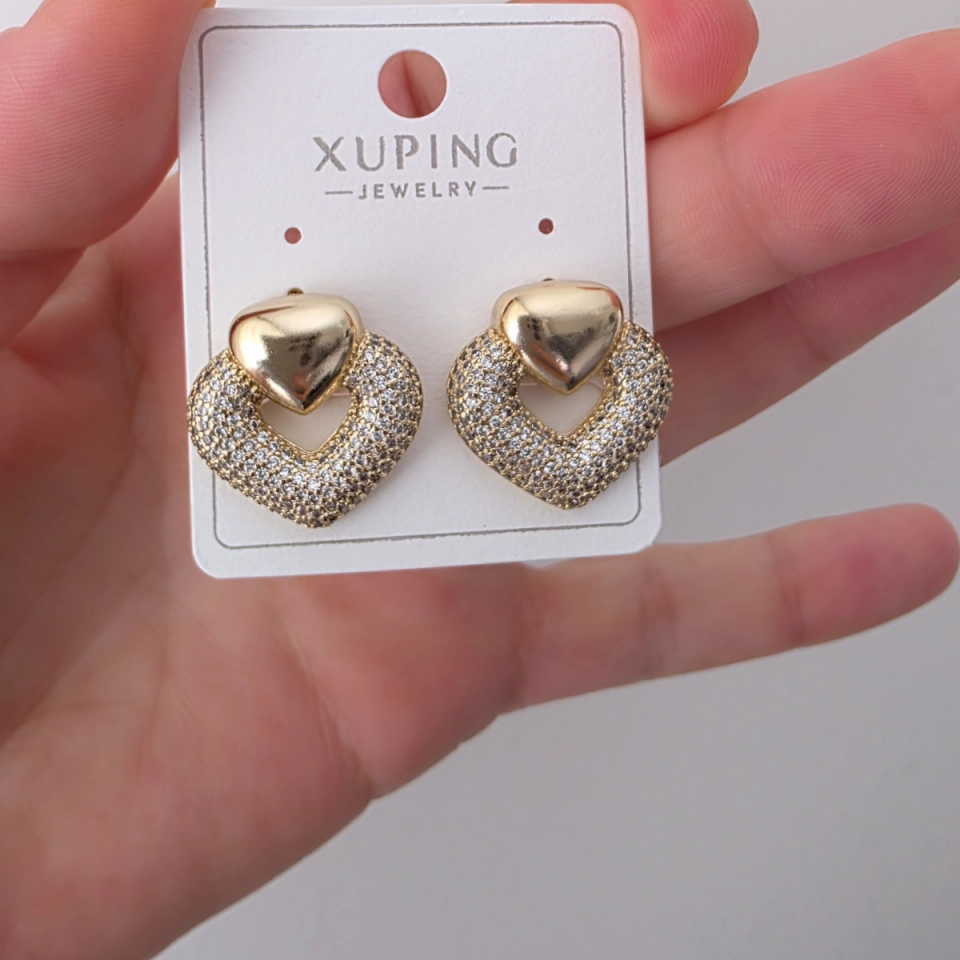 14 Ayar Altın Renkli Zirkon Taşlı Kalp Küpe