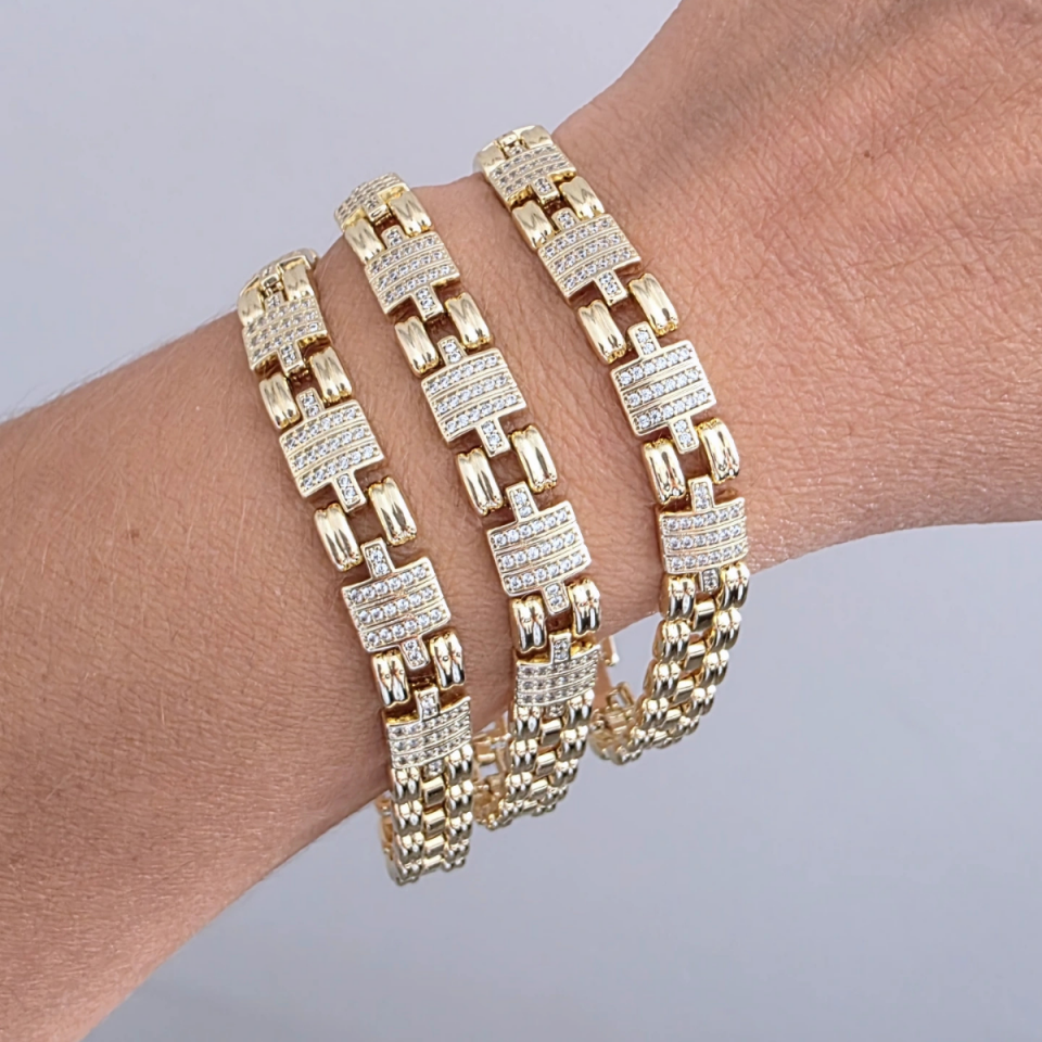 14 Ayar Altın Renkli Zirkon Taşlı Rolex Model Bileklik