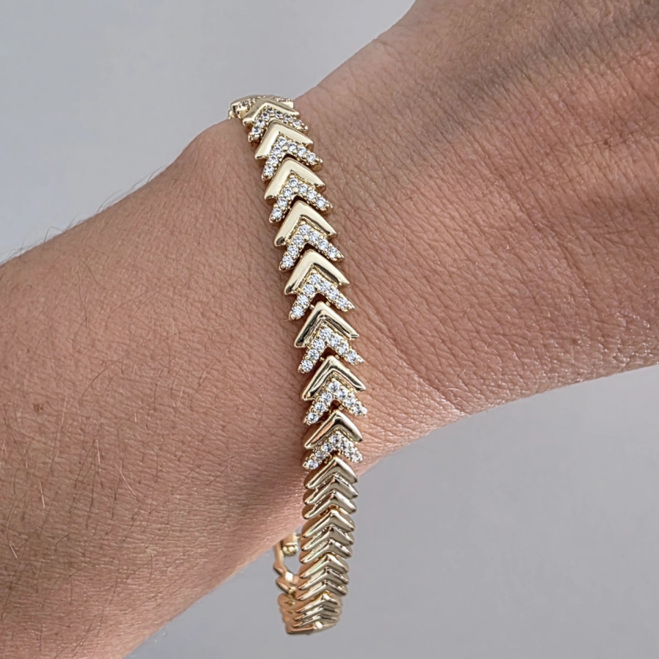 14 Ayar Altın Renkli Zigzag Zirkon Taşlı Çelik Bileklik