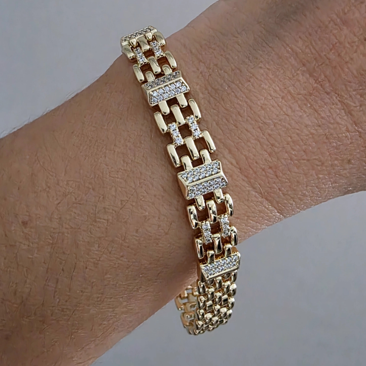 14 Ayar Altın Renkli Zirkon Taşlı Rolex Çelik Bileklik