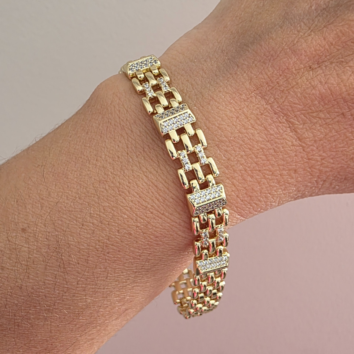 14 Ayar Altın Renkli Zirkon Taşlı Rolex Çelik Bileklik