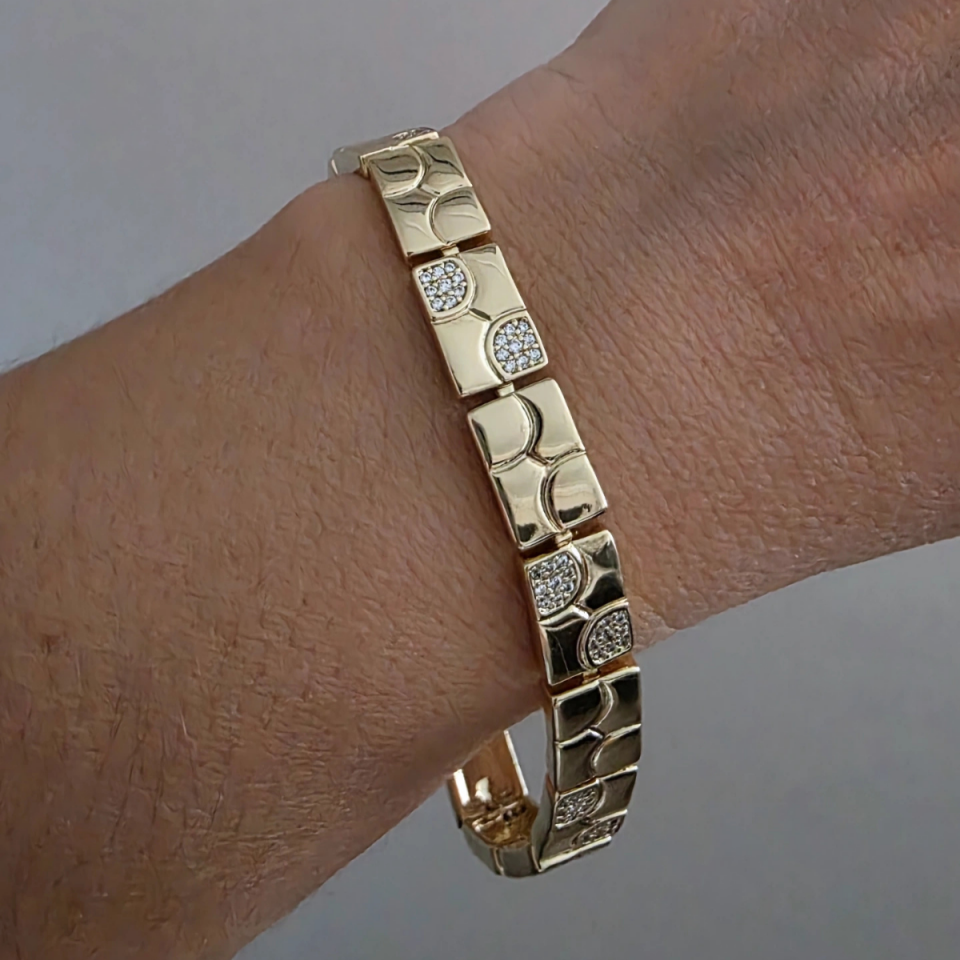 14 Ayar Altın Renkli Zirkon Taşlı Plaka Çelik Bilek