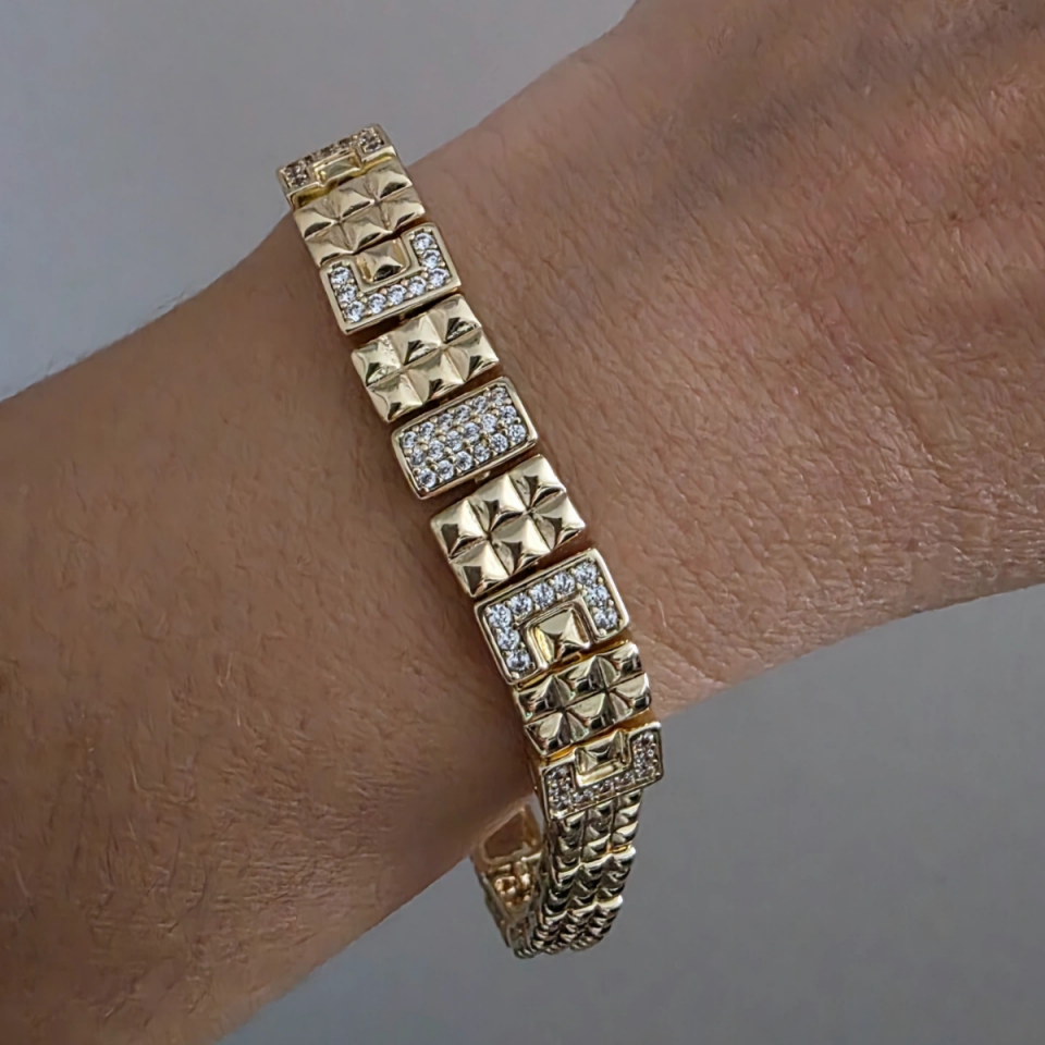 14 Ayar Altın Renkli Zirkon Taşlı Plaka Çelik Bileklik