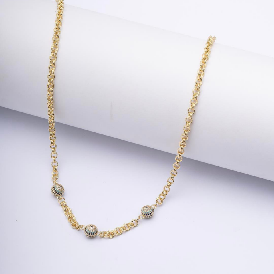 14 AYAR ALTIN RENKLİ 3 TOPLU NAZAR BONCUKLU  KOLYE