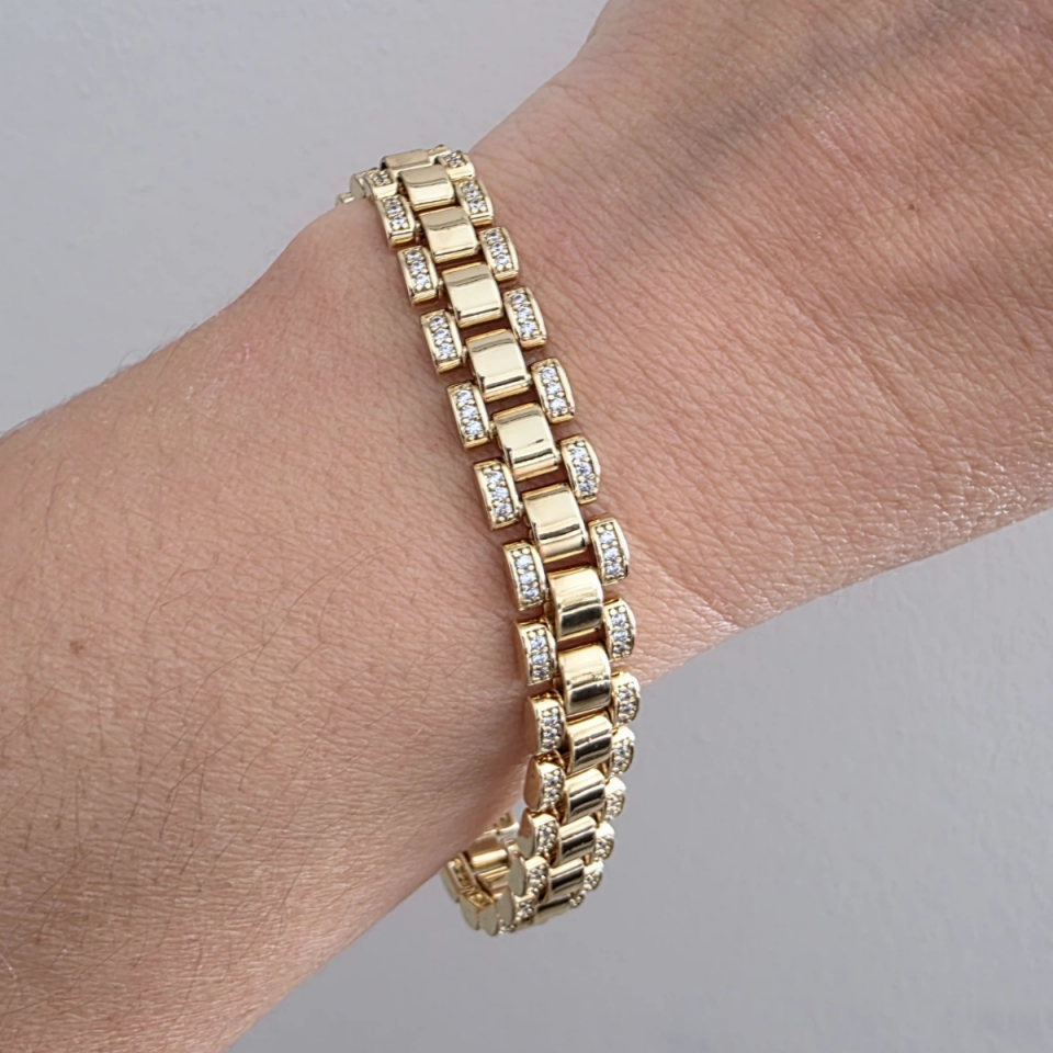 14 AYAR ALTIN RENKLİ ZİRKON TAŞLI ROLEX BİLEKLİK