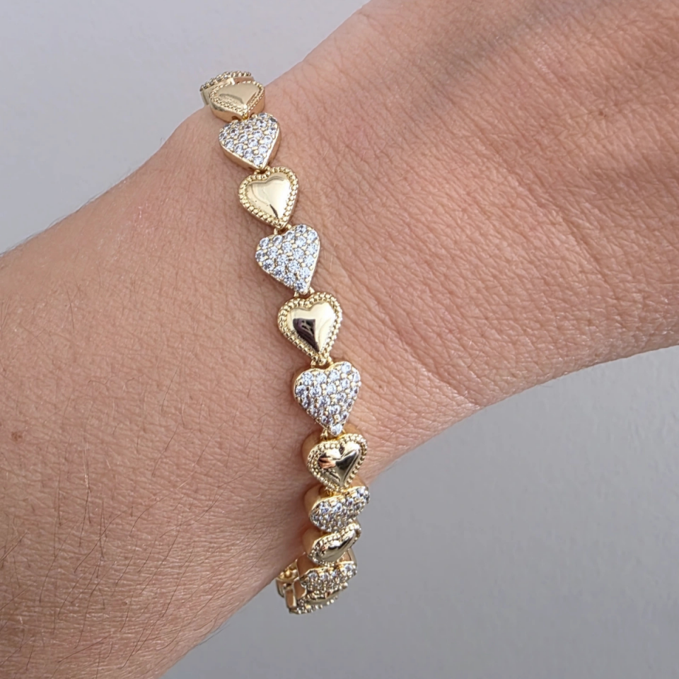 14 AYAR ALTIN RENKLİ PLAKA ZİRKON TAŞLI KALP BİLEKLİK